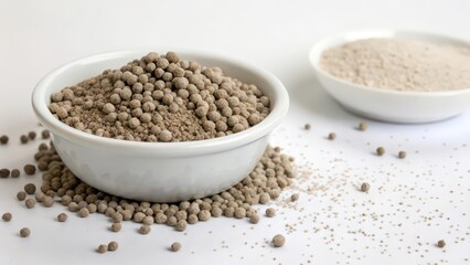 Gray Granules and Powder in Bowls on White Background