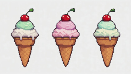 Pixelated 8-bit ice cream cone with cherry, isolated on white background, shown in top, side, and angled views