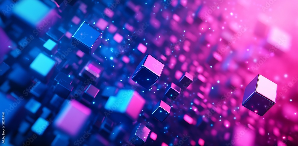 Aufkleber Vibrant and colorful 3D digital background featuring floating cubes and sparkling particles in motion : Generative AI