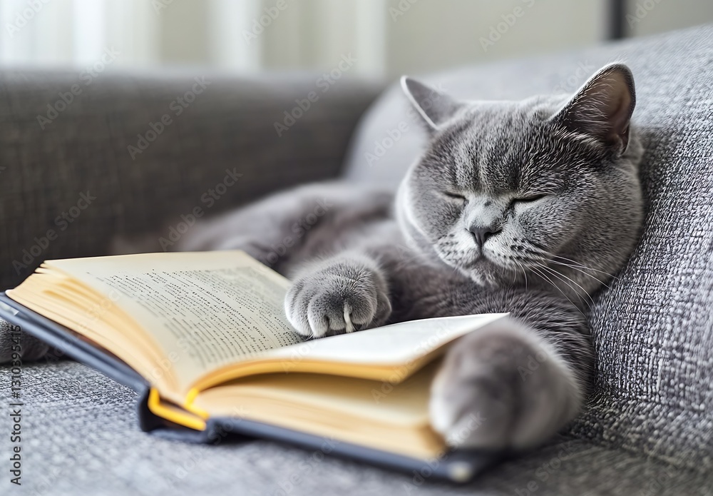Poster gray cat peacefully sleeping on a cozy couch beside an open book in soft light : generative ai