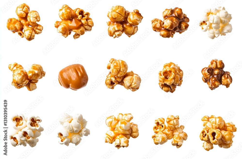 Aufkleber Assorted popcorn kernels including caramel and cheese varieties arranged in a clean bright setting with a white background : Generative AI