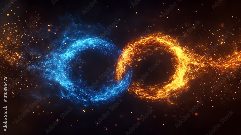 Poster dynamic clash of blue and orange fiery particles creating a stunning visual contrast : generative ai
