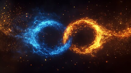 Dynamic clash of blue and orange fiery particles creating a stunning visual contrast : Generative AI