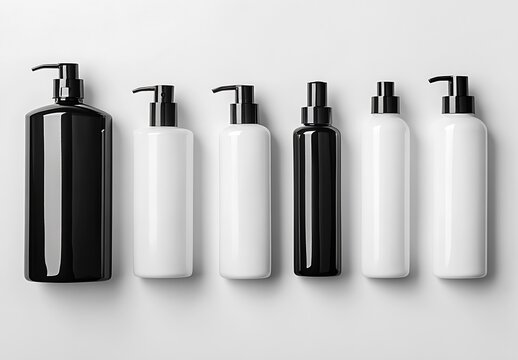 Elegant arrangement of black and white cosmetic bottles showcasing modern design and packaging : Generative AI