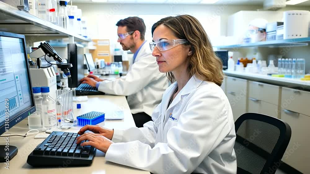 Poster team of scientists working together in a cutting-edge laboratory environment.