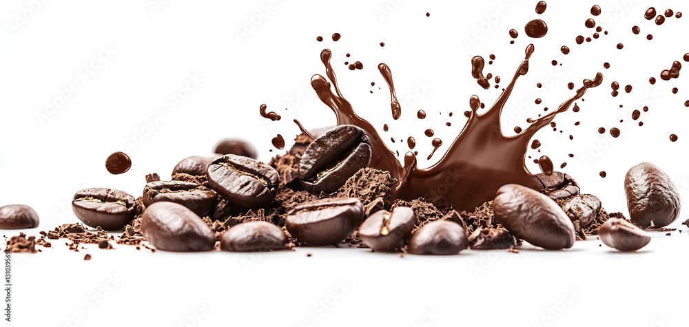 Poster Dynamic splash of chocolate with coffee beans creating an artistic food scene : Generative AI