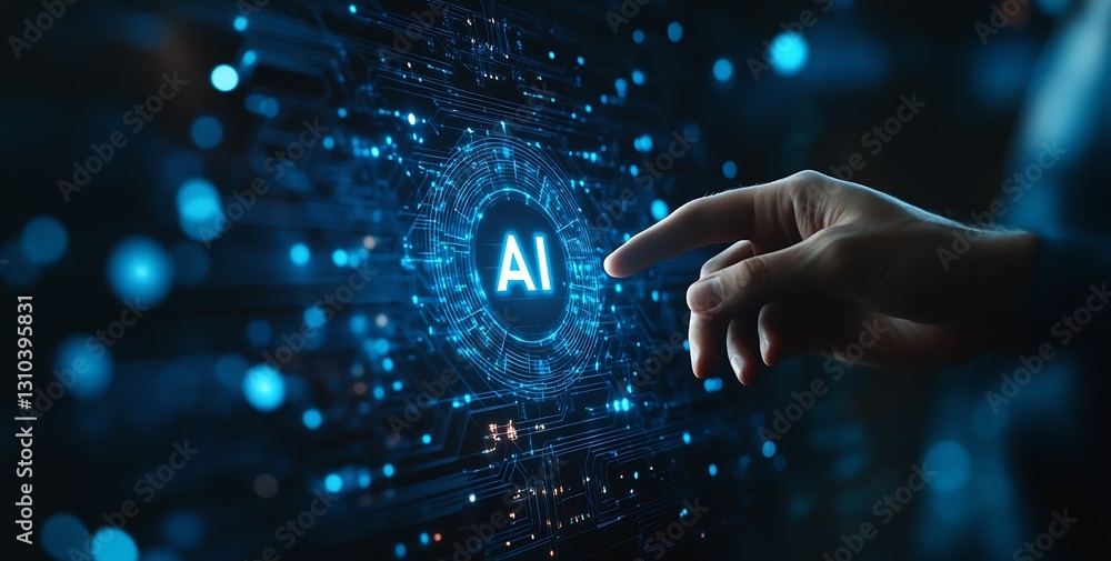 Poster Closeup view of a hand engaging with an illuminated AI interface showcasing hightech digital connections : Generative AI