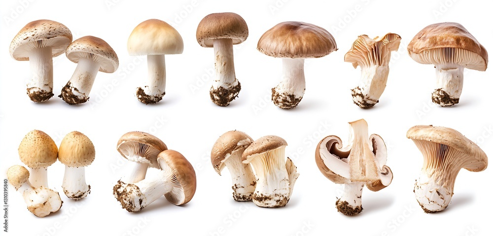 Poster variety of fresh mushrooms showcasing unique shapes and textures in a clean and bright arrangement :