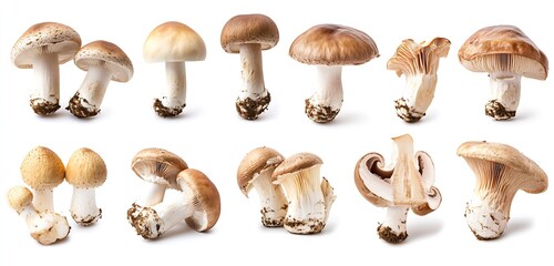 Variety of fresh mushrooms showcasing unique shapes and textures in a clean and bright arrangement : Generative AI