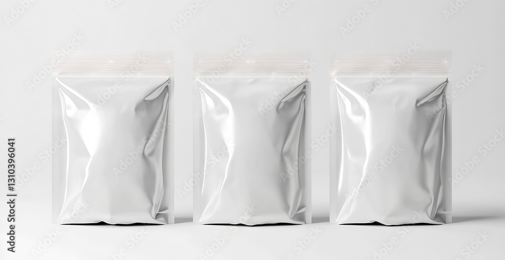 Poster minimalist packaging design with three empty white bags on a clean surface : generative ai