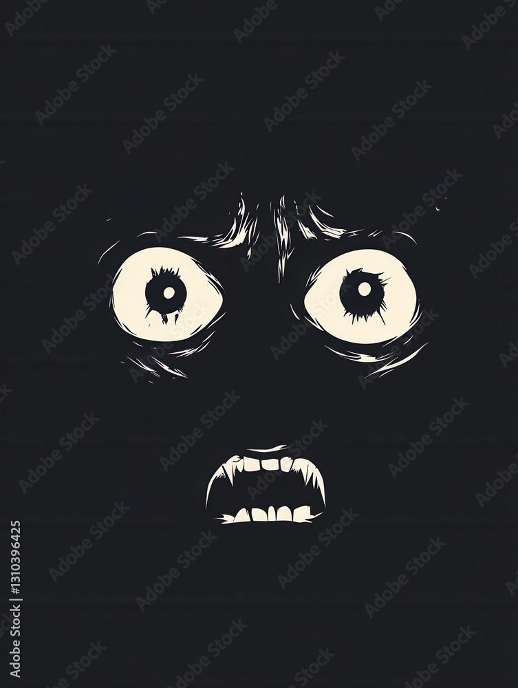 Aufkleber eerie minimalist icon featuring a dark face with wide fearful eyes and sharp contrast capturing a se