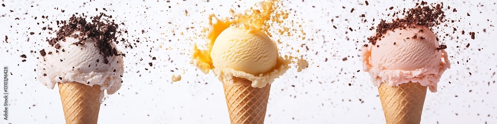 Poster delightful ice cream cones with splashes of chocolate and fruit sauce for a fun dessert treat : gene