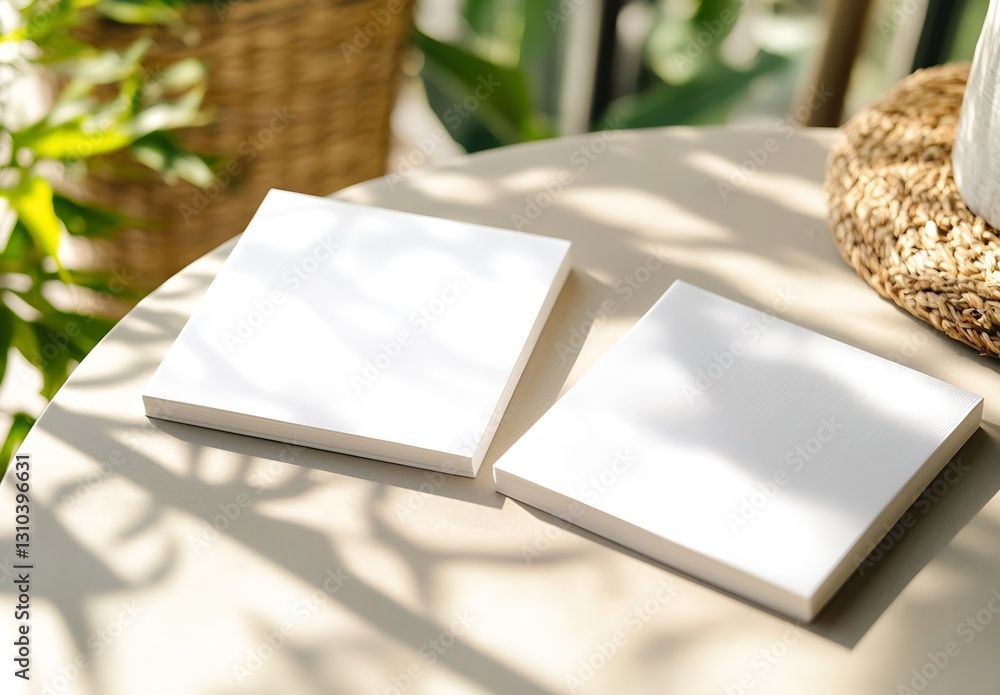 Fototapete Two square blank sheets of paper placed on a light surface surrounded by natural shadows and greenery : Generative AI