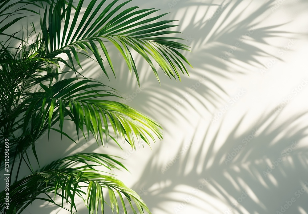 Poster lush green palm leaves casting intriguing shadows on a light wall : generative ai
