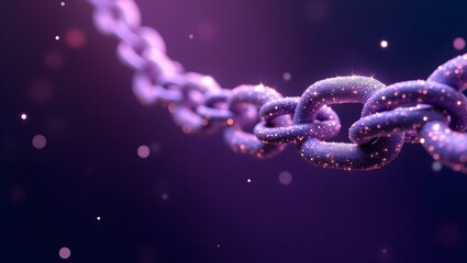 A close-up photograph of a silver chain with a single link highlighted in the center, against a dark background with a soft, purple and pink gradient. 