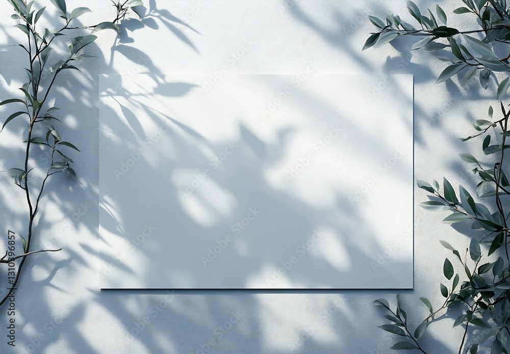 Poster minimalist wall art showcase featuring a blank canvas surrounded by green leaves and shadows : gener