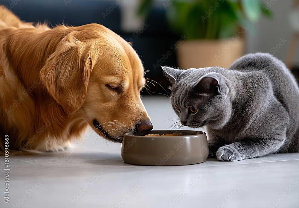 Poster golden retriever and gray cat enjoying meal together from bowl on floor : generative ai