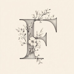 F of the alphabet monochrome. A capital letter in a sleek with floral elements within its structure