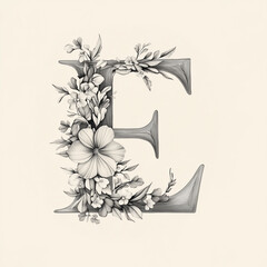 E of the alphabet monochrome. A capital letter in a sleek with floral elements within its structure