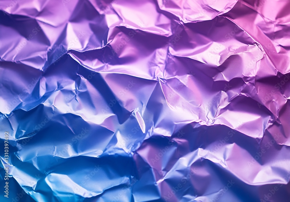 Poster crinkled and textured shiny metallic paper with a gradient of purple and blue hues : generative ai