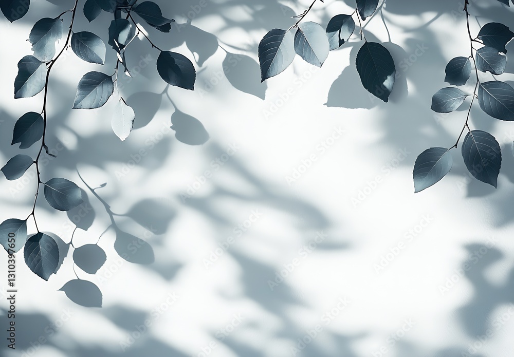 Poster Vibrant image of leaves with intricate shadows against a soft blue background creating depth : Generative AI