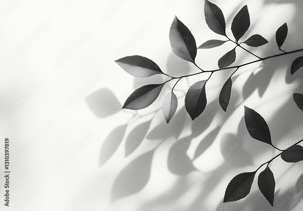 Aufkleber elegant silhouettes of green leaves casting soft shadows on a pristine white background : generative
