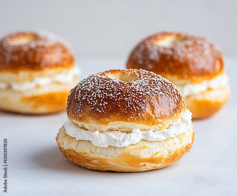 Poster delicious creamfilled pastries with goldenbrown exteriors dusted with powdered sugar on a simple lig