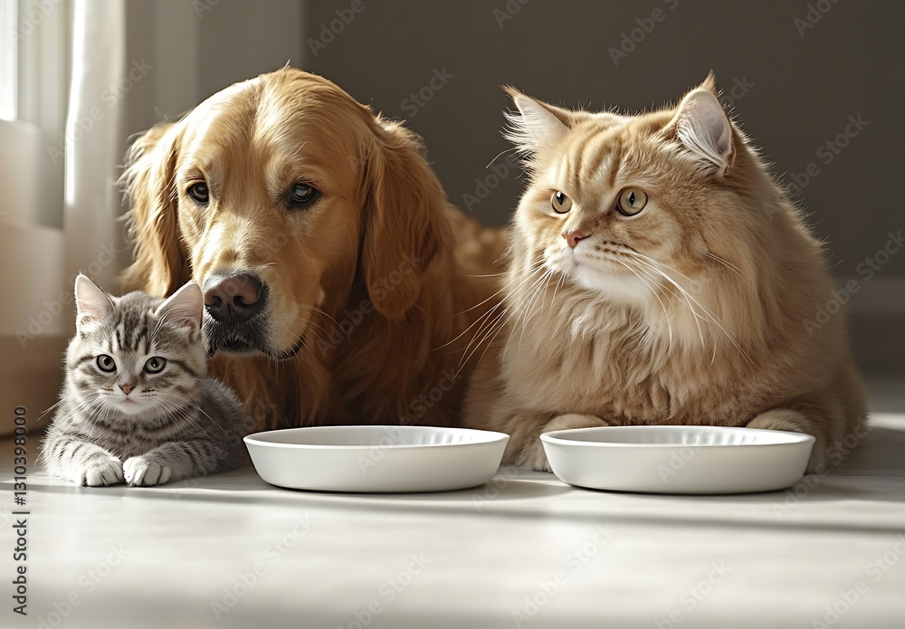 Poster charming trio of a golden retriever grey kitten and fluffy ginger cat in a warm indoor scene : gener