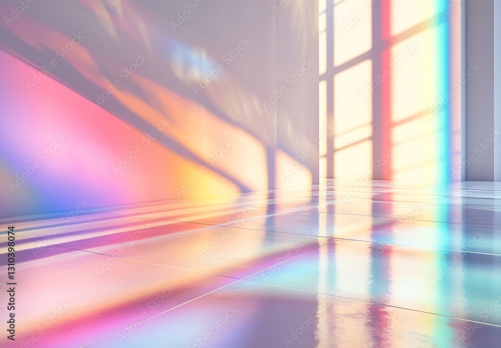 Poster bright illuminated interior with colorful shadow reflections on polished floor tiles : generative ai