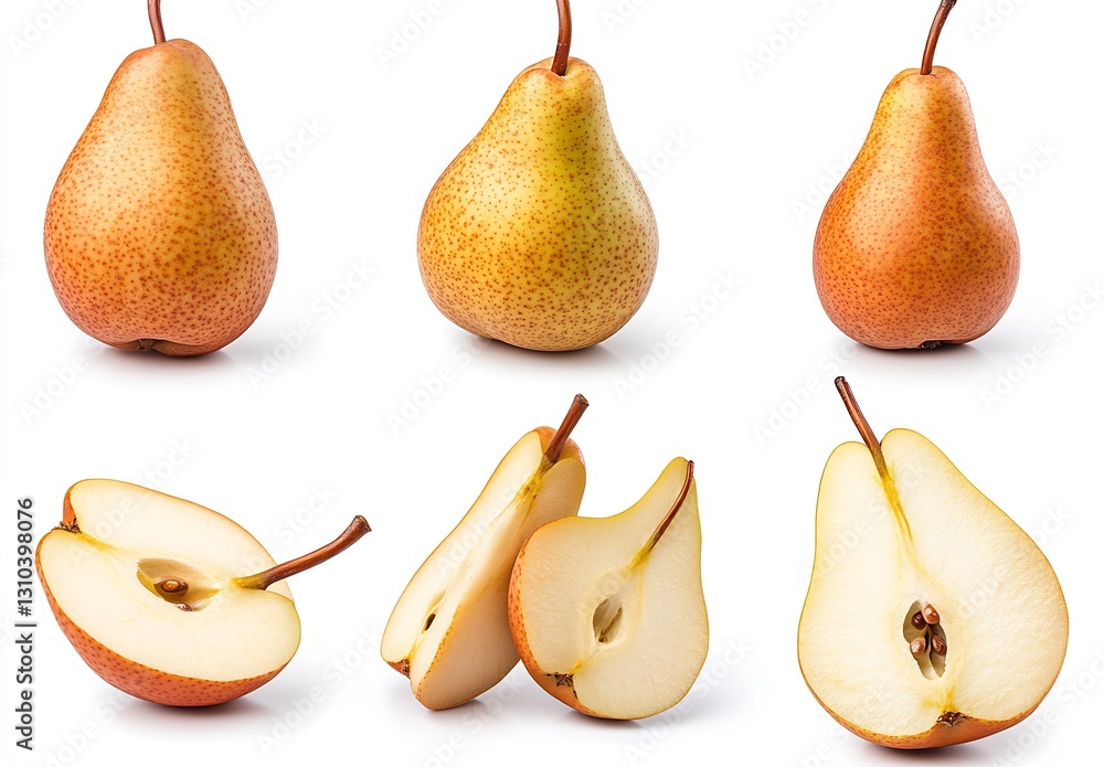 Poster assorted fresh pears arranged elegantly showcasing their delightful texture and color on a clean whi