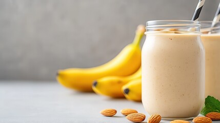 Delicious banana milkshake with oatmeal and almonds ready for enjoyment