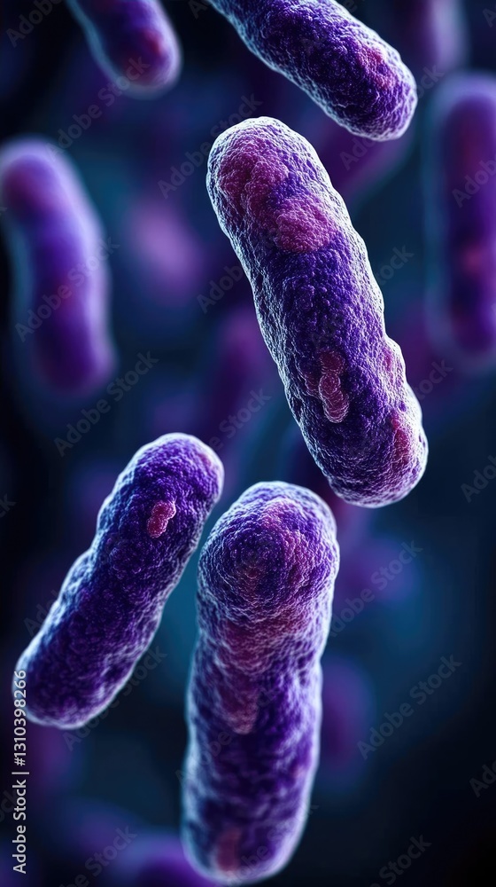 Poster close-up view of colorful bacteria in a microscopic environment, showcasing their unique shapes and 