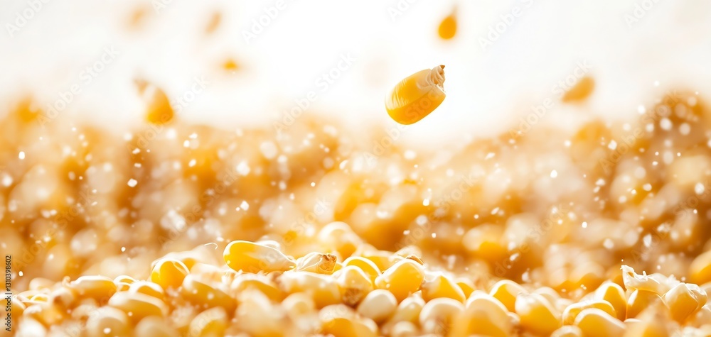 Poster dynamic splash of corn kernels soaring in the air against a blurred golden background : generative a