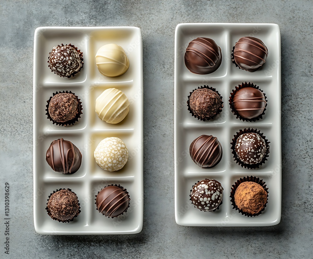 Poster elegant display of gourmet chocolates on trays showcasing a variety of flavors and textures : genera