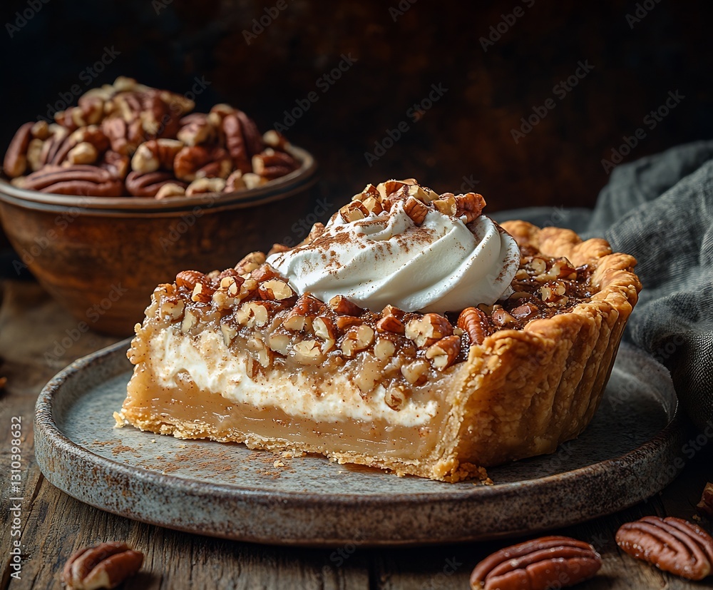 Poster deliciously baked pecan pie slice with whipped cream and nuts on a rustic plate : generative ai