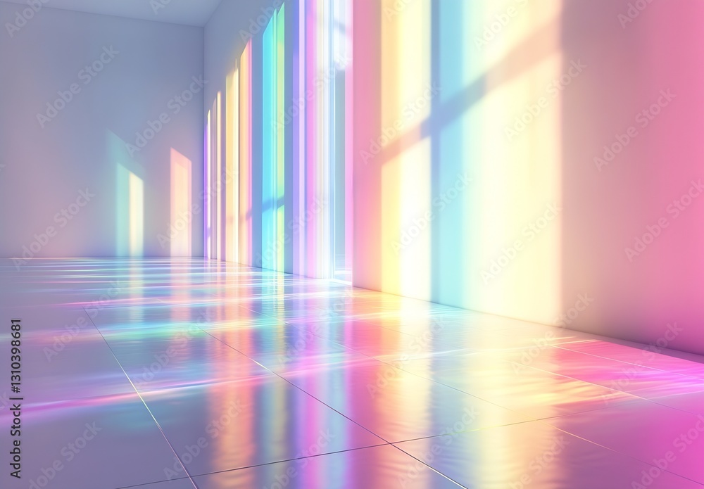 Poster vibrant and colorful light beams reflecting on a polished surface creating a mesmerizing indoor scen