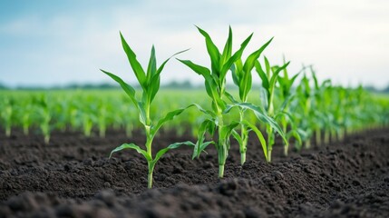 Green Corn Plants Growing in Fertile Soil under a Cloudy Sky in a Large Agricultural Field