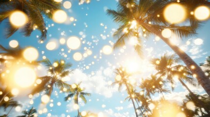 Palm trees reach sunny sky, bokeh lights dance. Tropical paradise, peaceful beach vacation destination