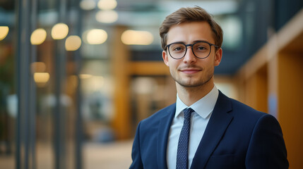 Fototapeta premium Portrait of male entrepreneur standing in the office, confident business man looking at camera