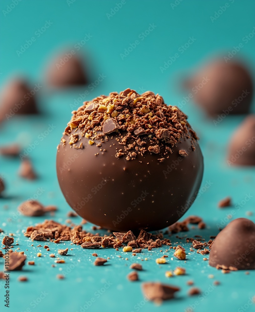 Poster rich chocolate truffle coated in crushed chocolate pieces placed on a teal surface : generative ai