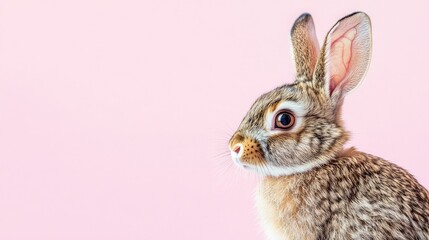 Fototapeta premium Photo of a little bunny, on a soft pink background Easter theme