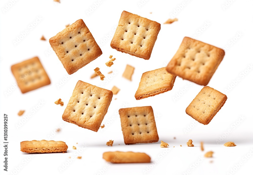 Poster falling golden cracker cookies captured in mid air on a white background for snack inspiration : gen