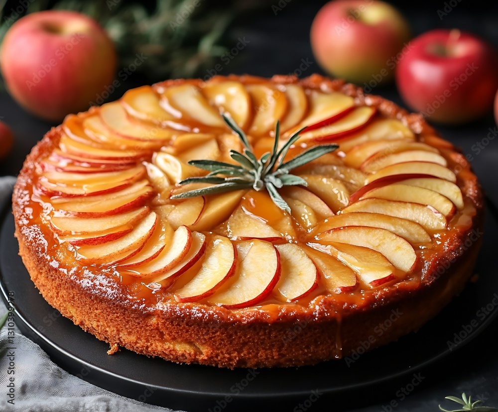 Poster delicious caramel apple cake with fresh apple slices and a touch of rosemary on top : generative ai