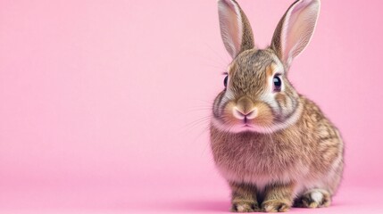 Fototapeta premium Photo of a little bunny, on a soft pink background Easter theme