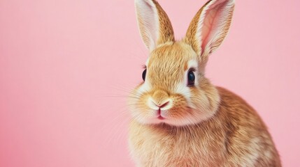 Obraz premium Photo of a little bunny, on a soft pink background Easter theme