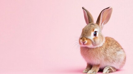 Fototapeta premium Photo of a little bunny, on a soft pink background Easter theme
