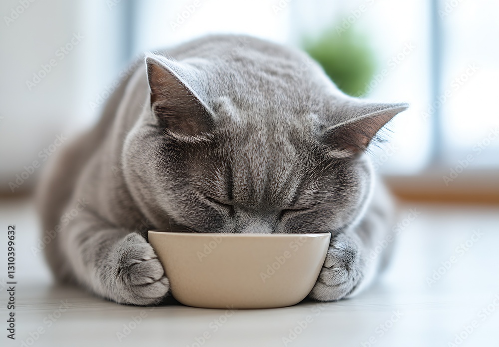 Aufkleber adorable grey cat with eyes closed enjoying a meal from a bowl in a bright indoor setting : generati