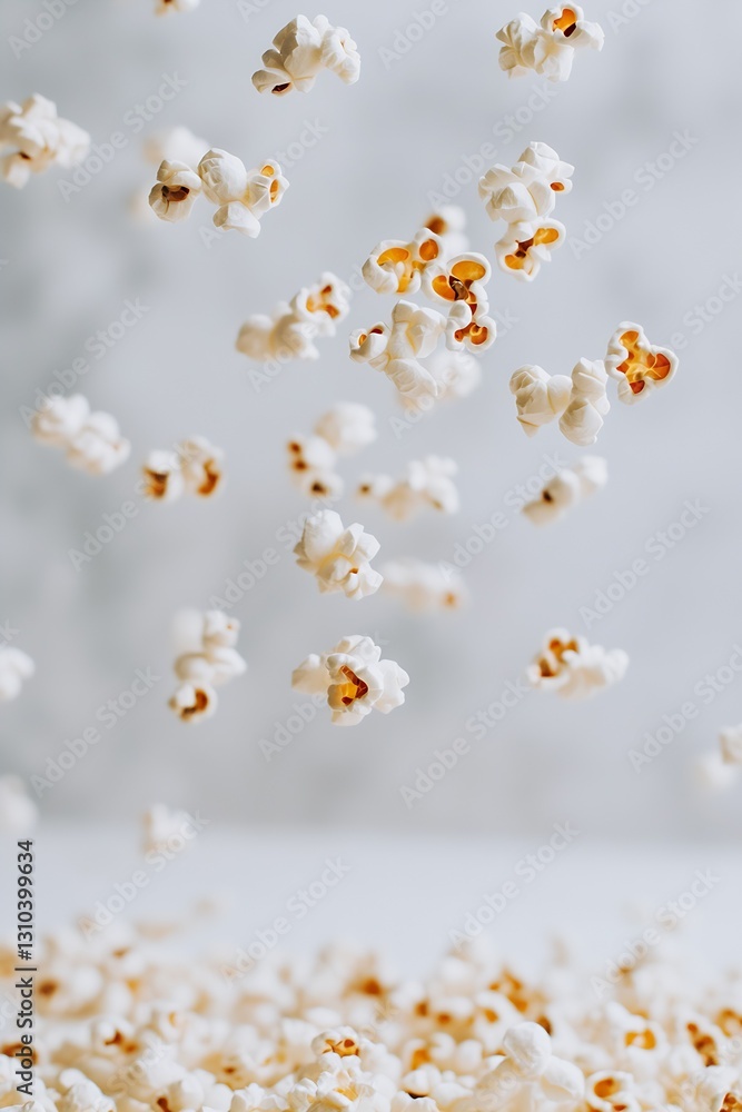 Poster Airy and fun photograph of popcorn kernels falling against a blurred background : Generative AI