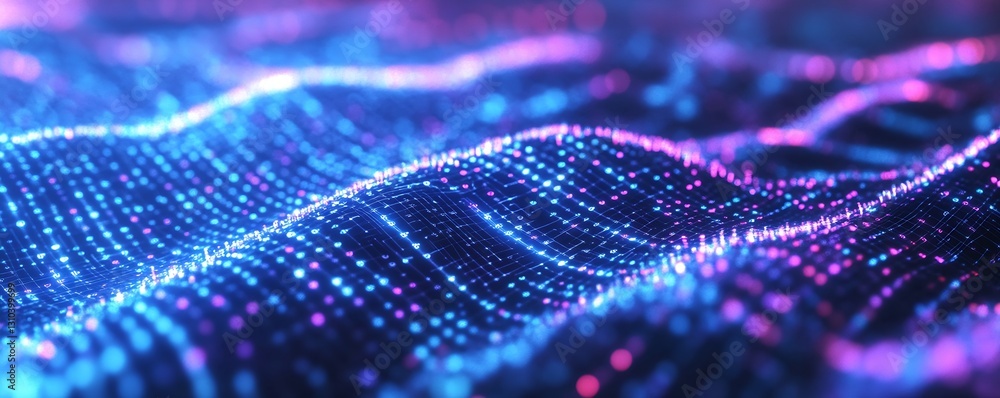 Poster vibrant abstract wave pattern with glowing blue and purple lights in a digital landscape : generativ