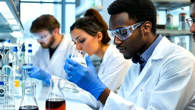 Diverse team of experts working together in a cutting-edge 3D printing laboratory.
